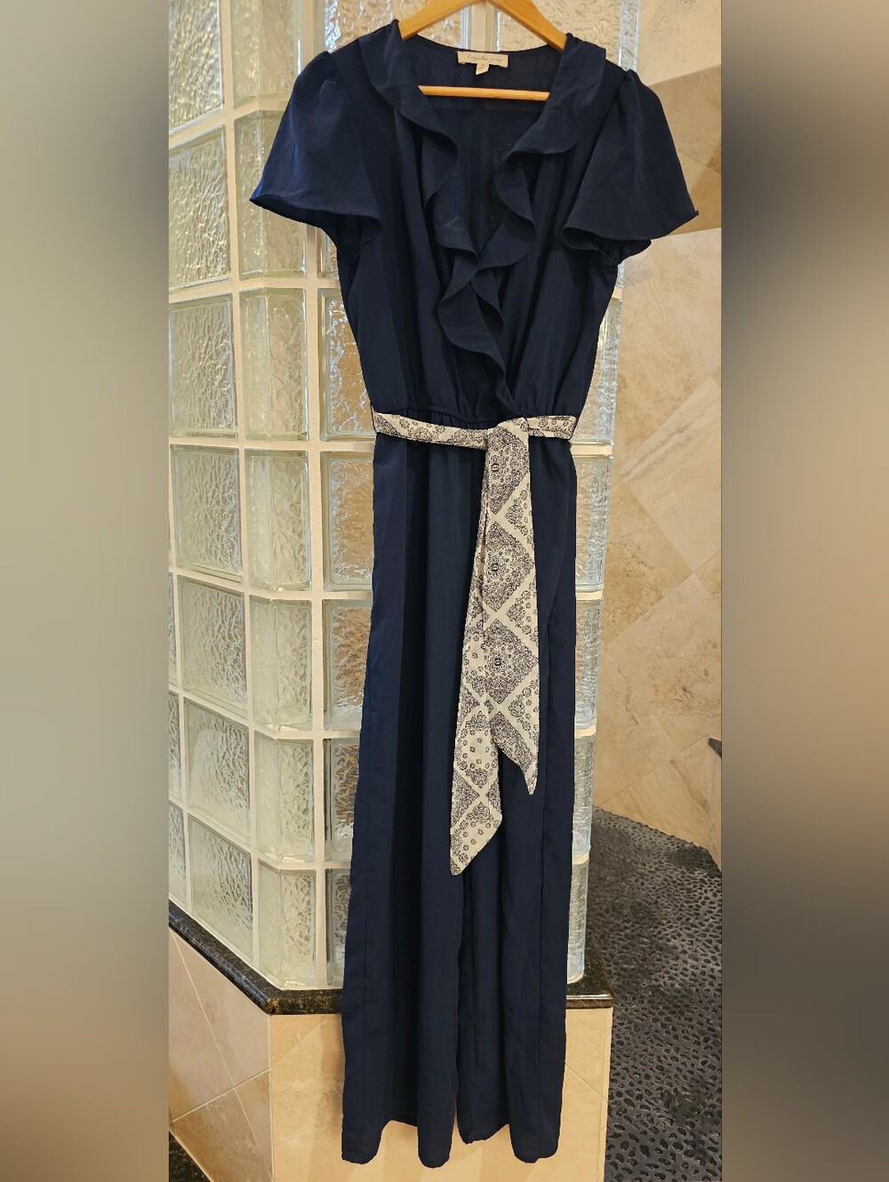 Kingston Navy Maxi Dress with Printed Cream Tie Belt
